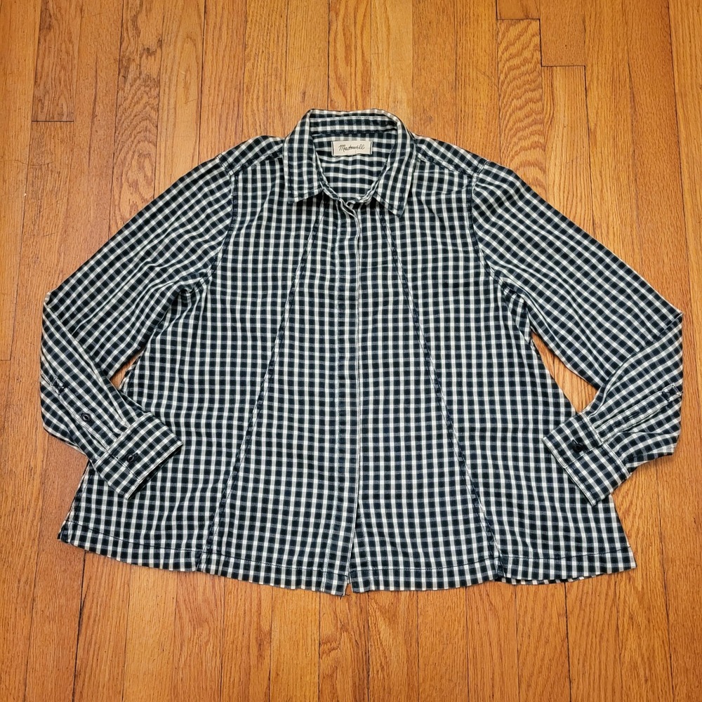 Madewell Green White‎ Gingham Plaid Button Down Shirt Long Sleeve M Boxy Tent